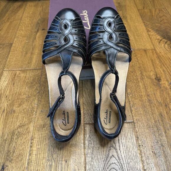 NIB Clarks Collection Wendy Alto T-Strap Sandals Black Leather Womens 10 N - Picture 5 of 6